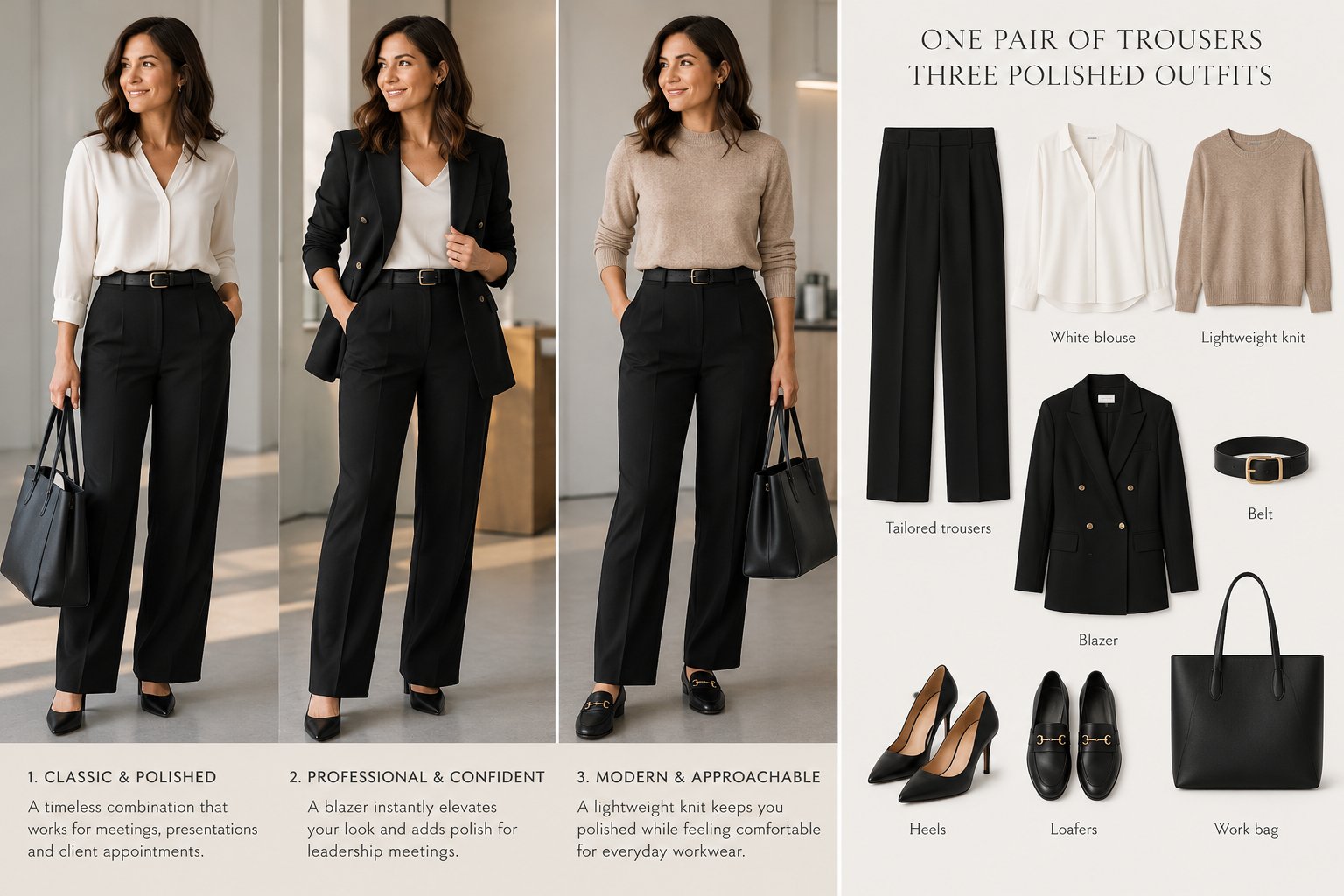 One pair of black tailored trousers styled three ways, with a white blouse, a black blazer, and a beige knit